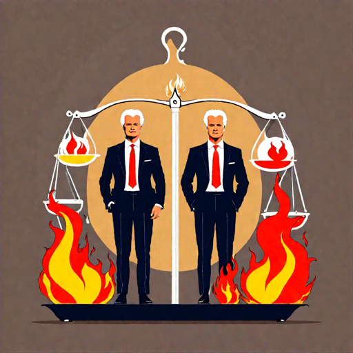 Geert Wilders (dressed in a suit) and Mark Rutte (dressed in a suit) are both standing on opposite sides of a weighing scale. Behind them there are flames visible.