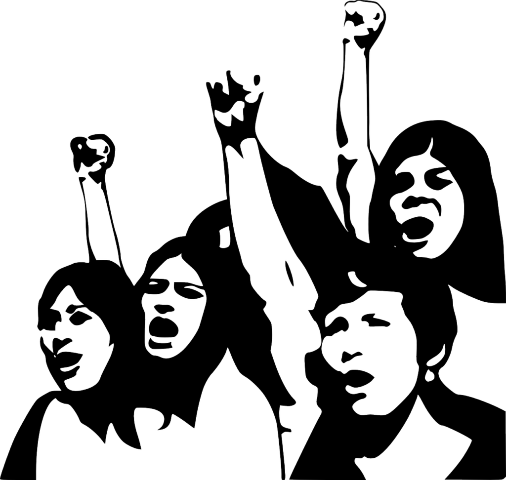 Zwart-wit silhouet van enkele vrouwen met een gebalde vuist in de lucht