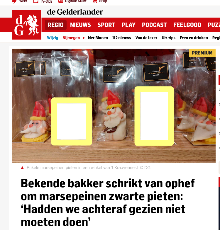 Screenshot van een Gelderlander artikel met een foto van marsepeijnen snoepfiguurtjes van Bakkerij Kraayennest. Sommigen daarvan zijn onherkenbaar gemaakt omdat het karikaturen van 'Zwarte Piet' betreft. De kop boven het artikel: Bekende bakker schrikt van ophef om marsepeinen zwarte pieten: "Hadden we achteraf gezien niet moeten doen."